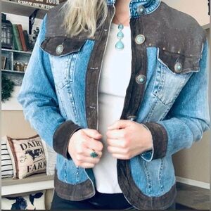 DG2 Diane Gilman Sz XS Denim Western Jacket Tooled Faux Leather Suede Turquoise